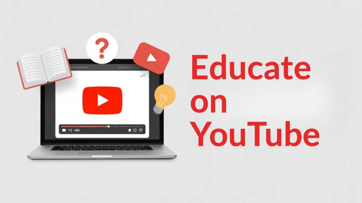 illustration of a laptop playing a YouTube tutorial with floating icons of a book, question mark, and lightbulb.