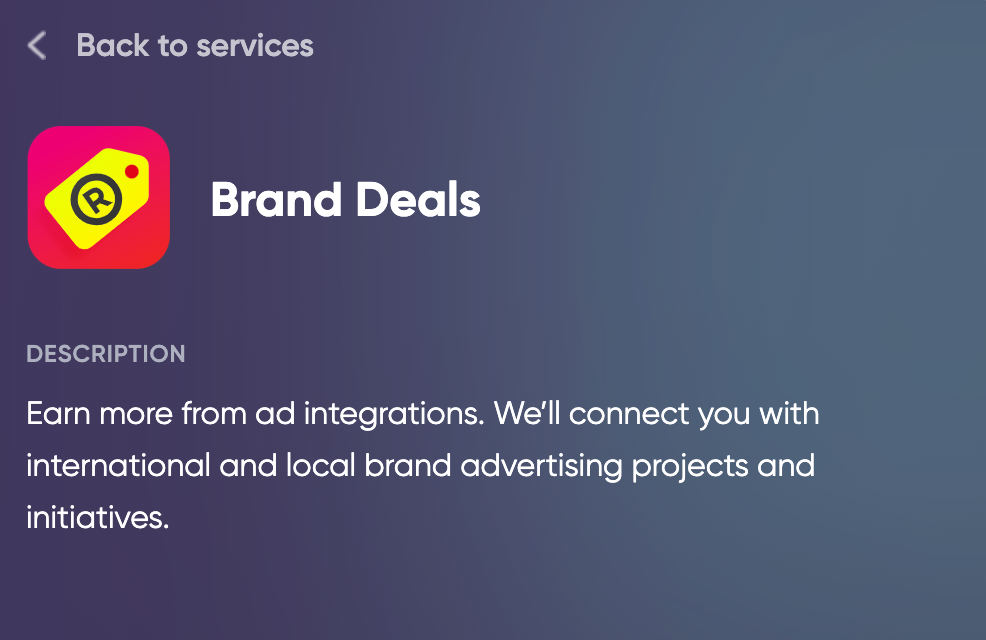 App icon and description for brand deals connecting users with global advertising projects.