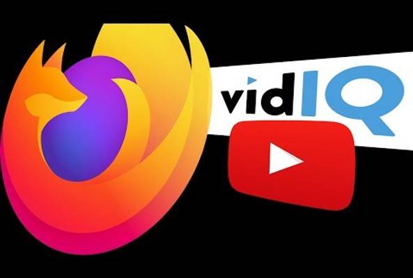 Firefox browser logo with vidIQ and YouTube icons on a black background.