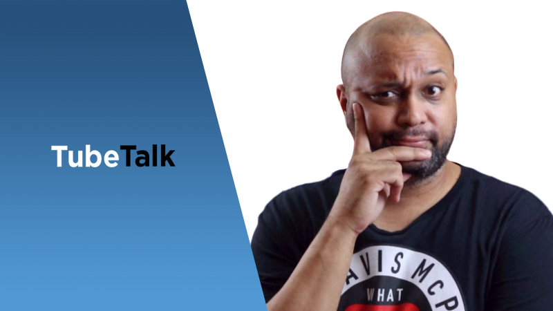 Man making a thinking gesture next to blue background with TubeTalk logo text.