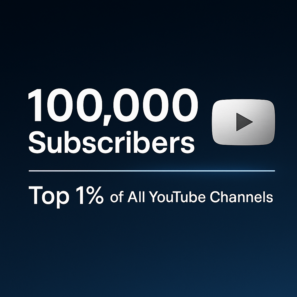 infographic showing “100,000 Subscribers = Top 1% of All YouTube Channels” with a glowing cyan upward line and silver YouTube Play Button on a navy gradient background.