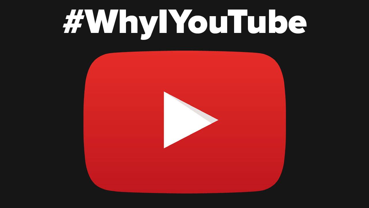 Red YouTube play button icon with #WhyIYouTube hashtag on black background.