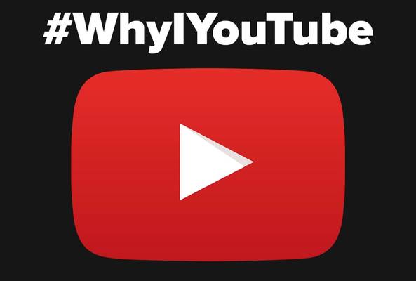 Red YouTube play button icon with #WhyIYouTube hashtag on black background.