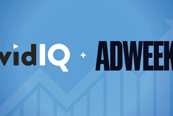 vidIQ and Adweek logos on blue background with upward trending graph arrows