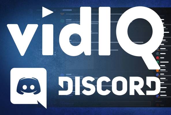 VidIQ and Discord logos on blue background representing video and community tools.