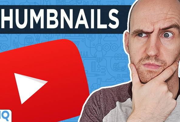 Man thinking with YouTube play button and word "Thumbnails" in background, vidIQ logo.