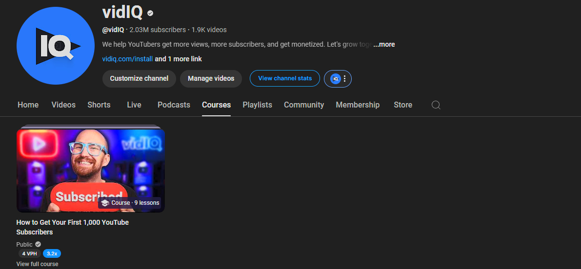 YouTube courses tab on vidIQ