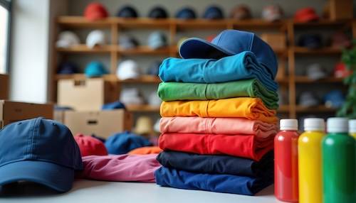 colorful merchandise including clothing and water bottles