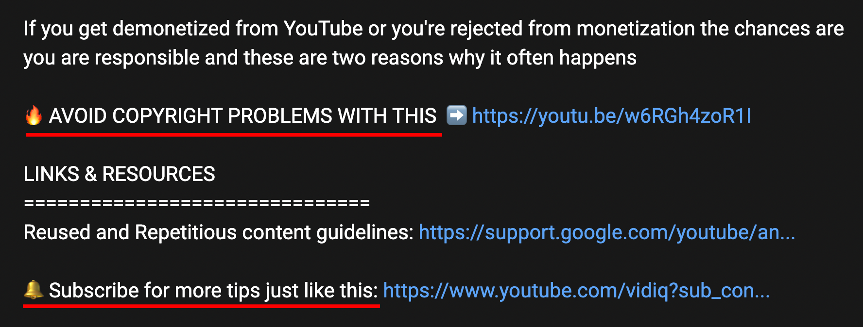 Two calls-to-action that appear before links: "Avoid copyright claims with this" and "subscribe for more tips just like this."