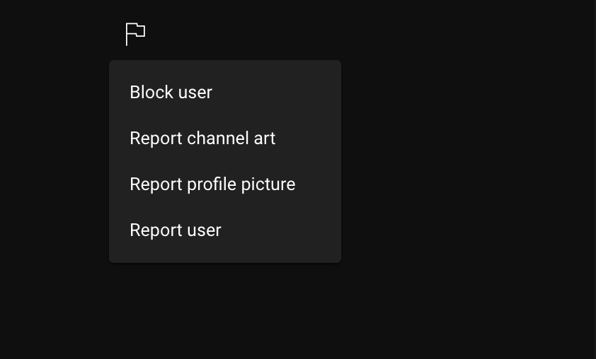 Options for reporting a YouTube channel: Block user, report channel art, report profile picture, report user.