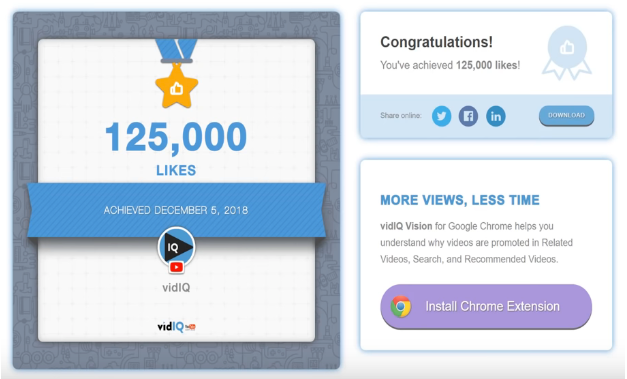 vidIQ achievement badge showing 125,000 likes milestone with share options and extension prompt