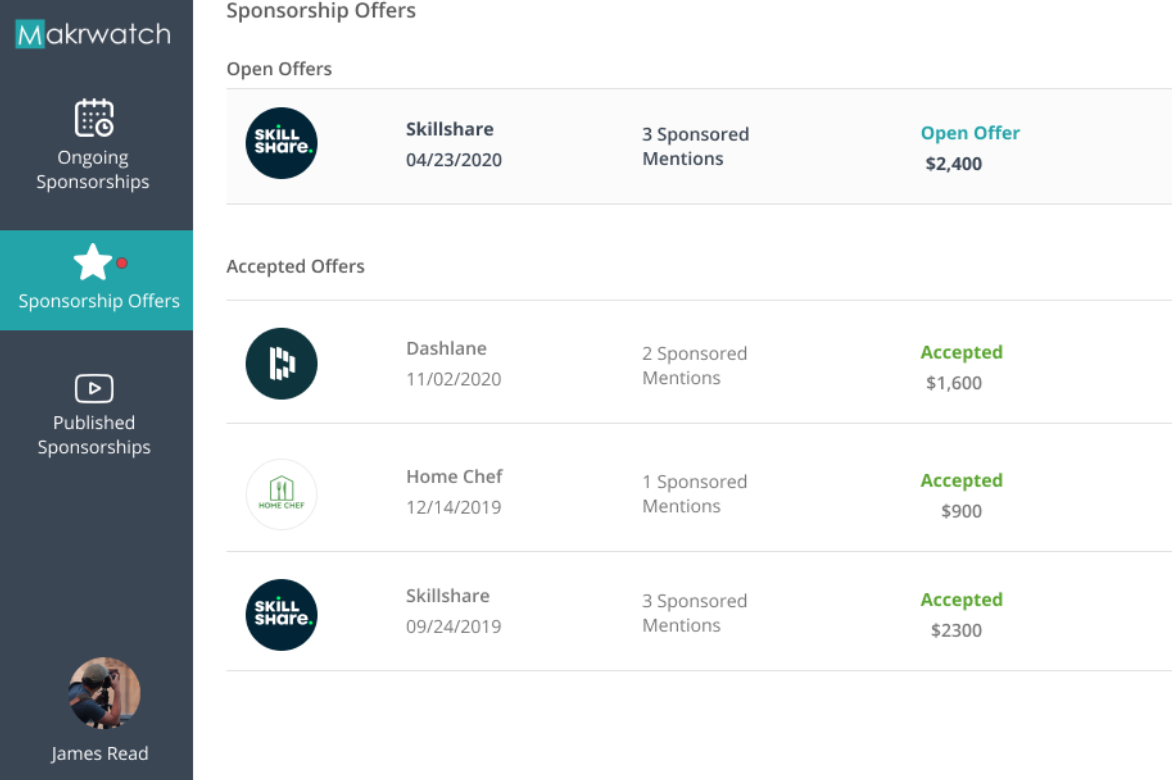 Dashboard of sponsorship offers showing open and accepted deals with brand names and earnings