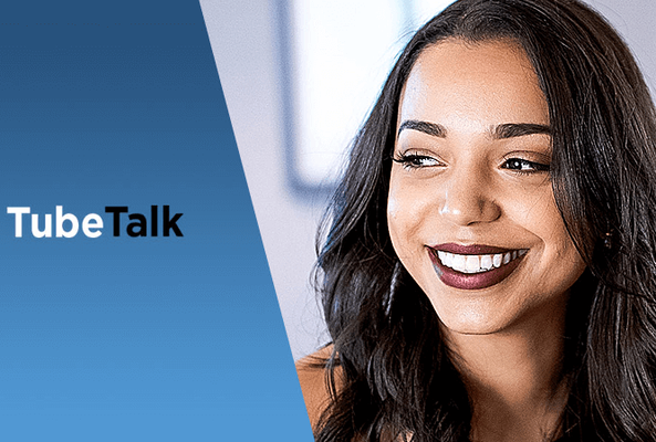 Smiling young woman with long hair next to TubeTalk logo on blue gradient background