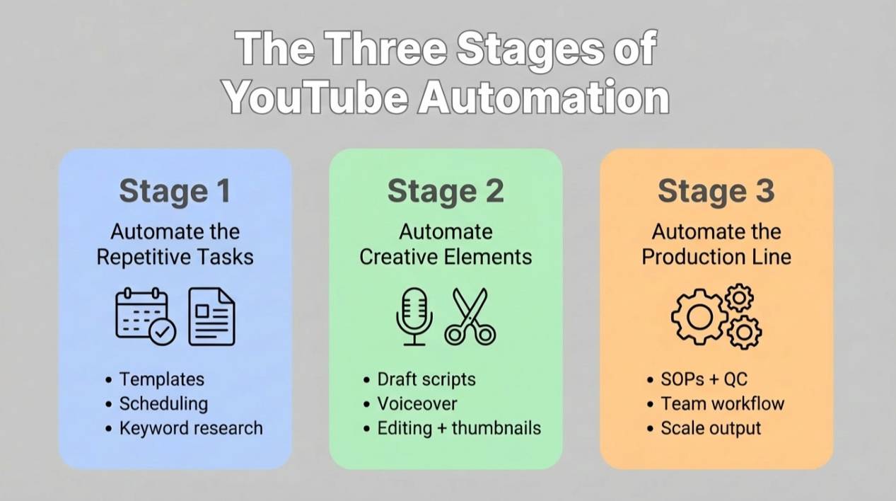3 stages of YouTube automation showing repetitive tasks in first stage, creative elements in second stage, and production line in third stage