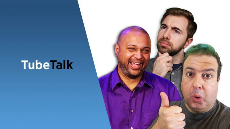 Three men posing with varied expressions next to the TubeTalk logo on a blue background