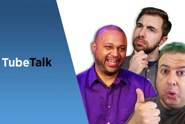 Three men posing with varied expressions next to the TubeTalk logo on a blue background