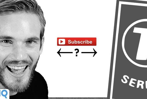 Smiling man with subscribe button and arrows indicating subscriber growth or choice