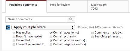 Screenshot of comment moderation interface showing spam filters and search options