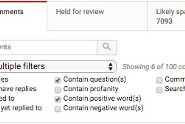 Screenshot of comment moderation interface showing spam filters and search options