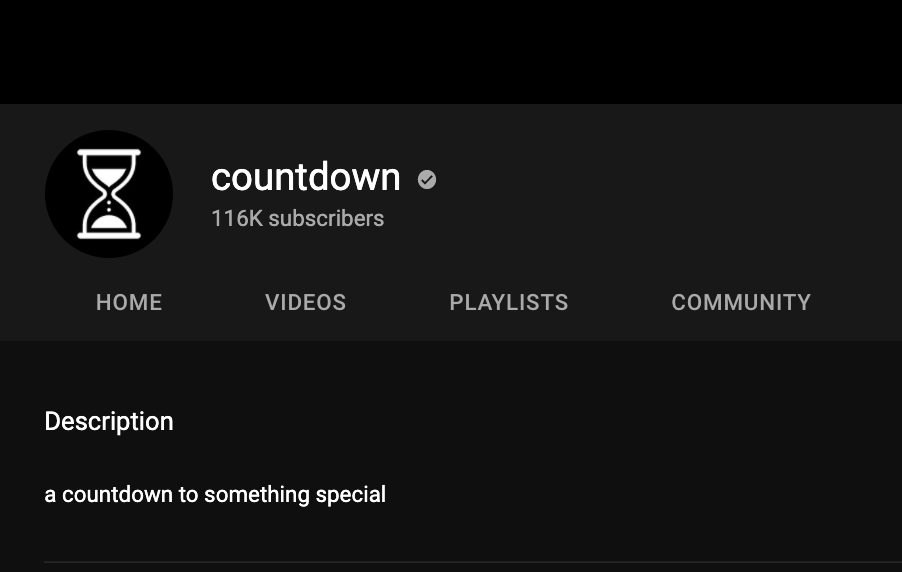 YouTube channel page for Countdown with 116K subscribers and a special countdown description.
