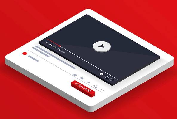 3D illustration of a video player interface with play button and red subscribe button on red background