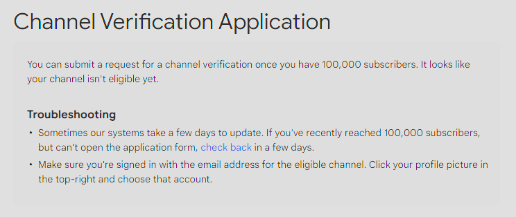 YouTube verification support page