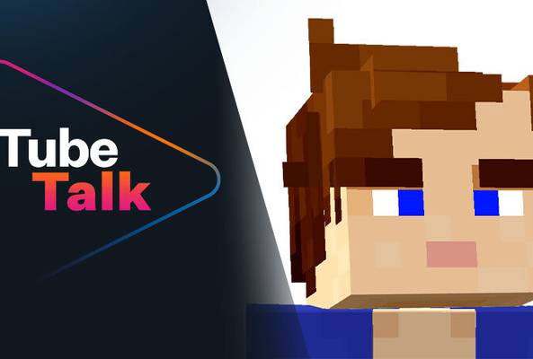 Tube Talk logo next to a pixelated character with brown hair and blue eyes