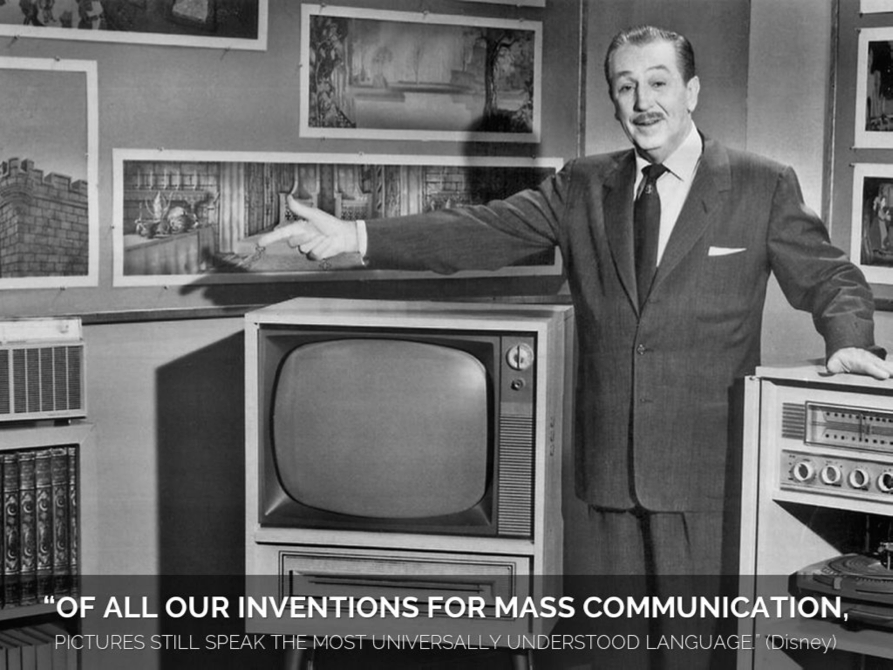 Walt Disney presenting early television and mass communication technology in black and white