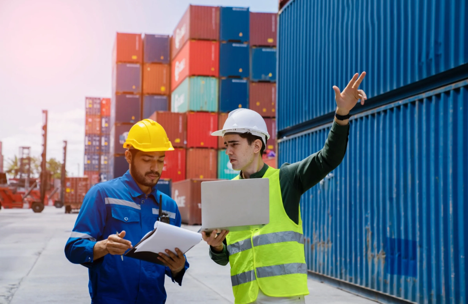 a group of dock workers at a port of entry in front of shipping containers