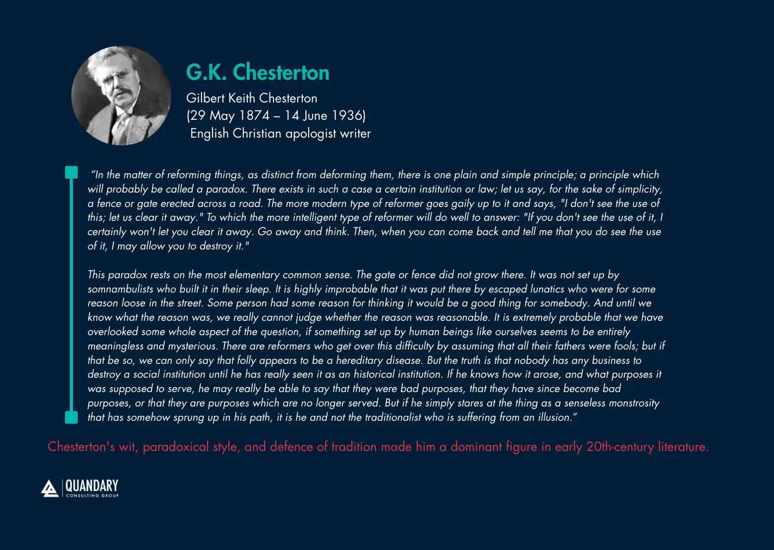 G.K. Chesterton Quote about Chesterton's Fence Theory | Quandary Consulting Group