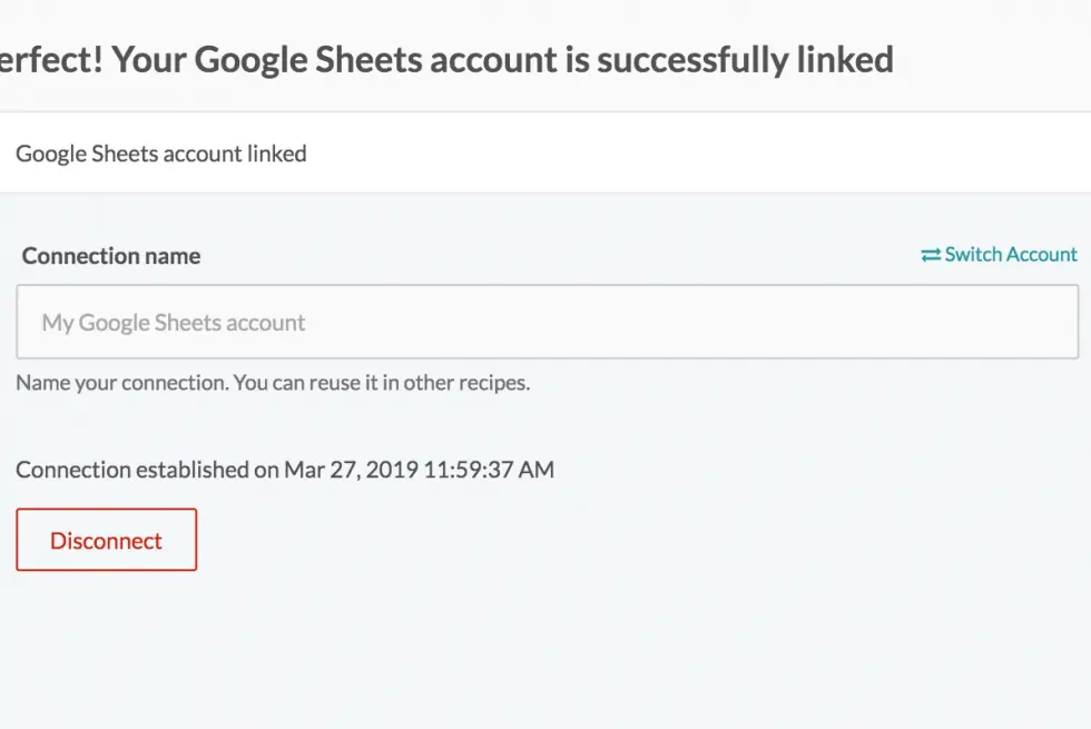 Google Sheet account successfully linked