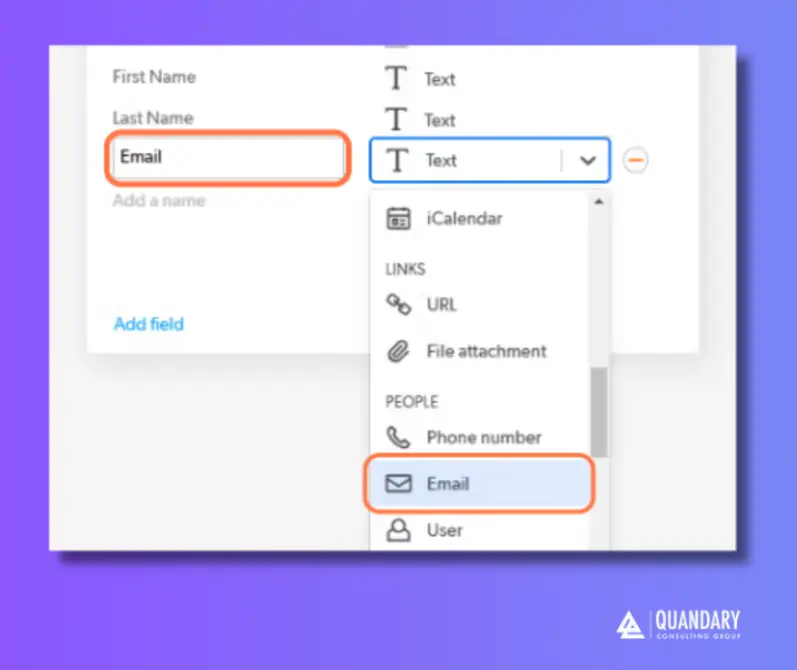 Quickbase Field Name and Choose a Field Type | Quandary Consulting Group
