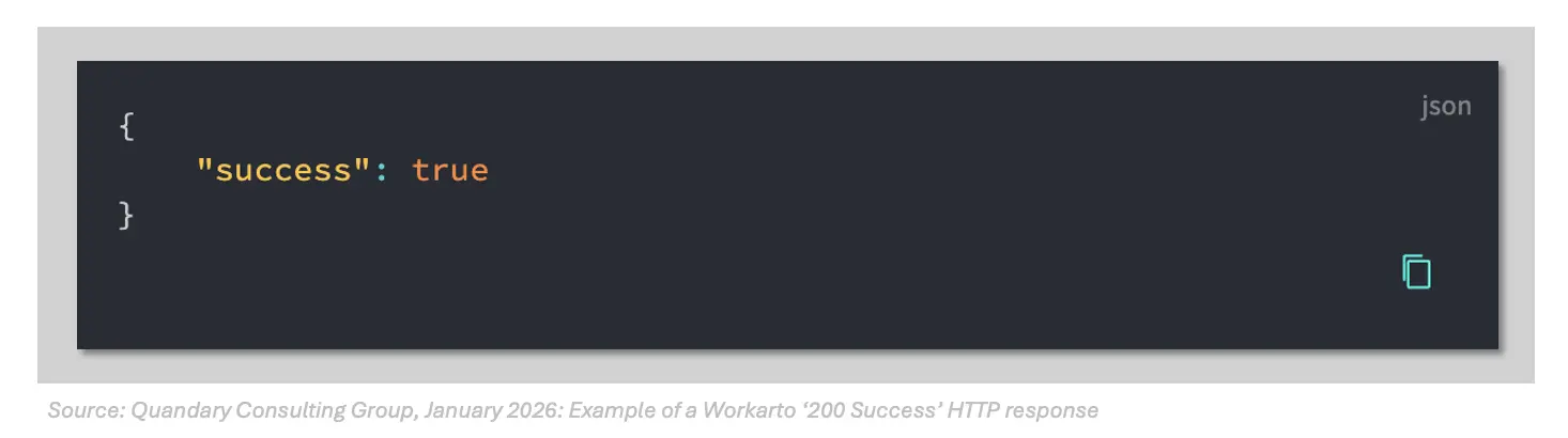 Quandary Consulting Group: HTTP Responses in Workato; Example of a Workato ‘200 Success’ HTTP response
