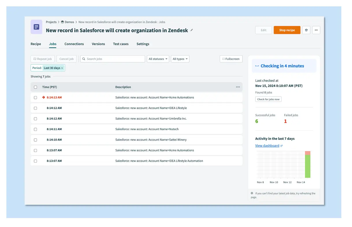 Workato Job report page 