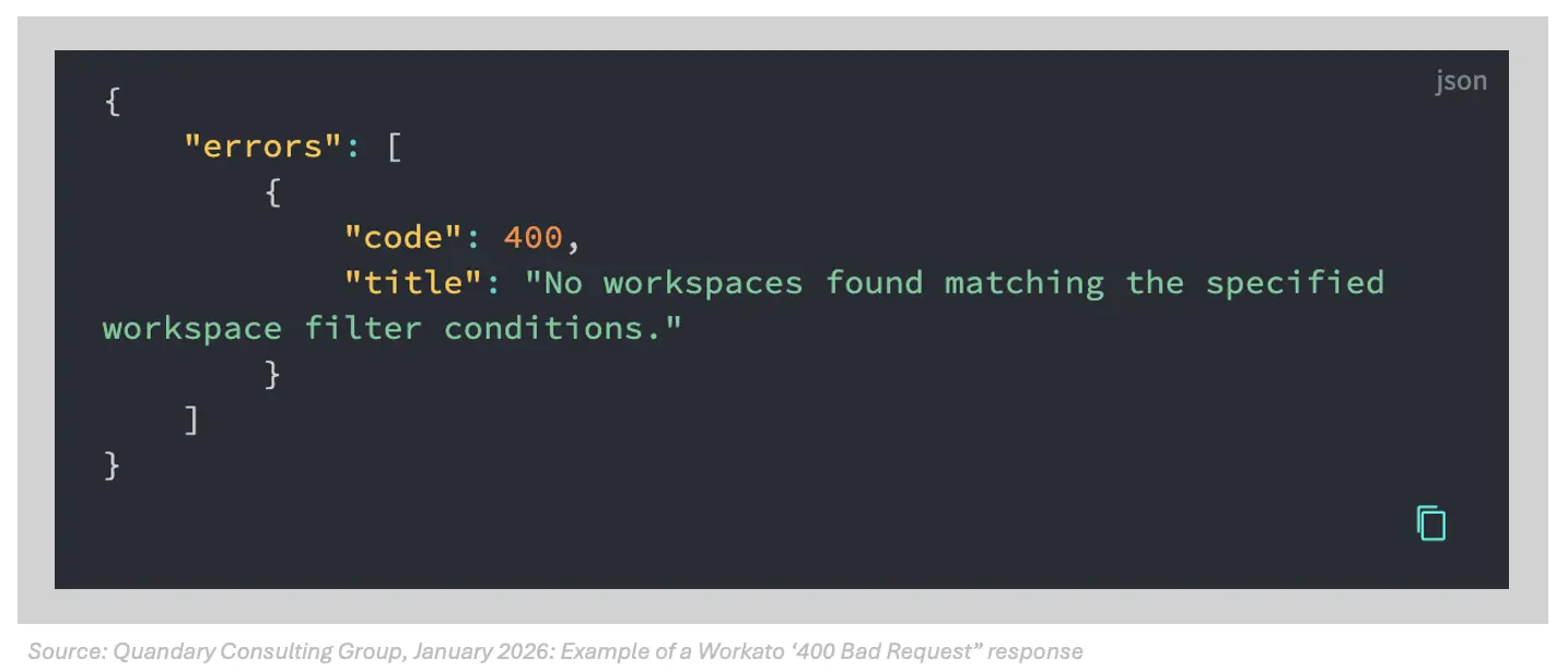 Quandary Consulting Group, Workato HTTP response code: 400 Bad Request