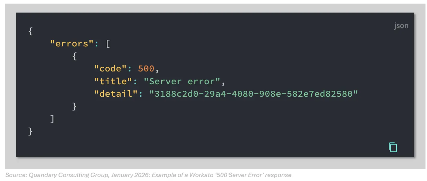 Quandary Consulting Group, Workato HTTP response code: 500 Server Error