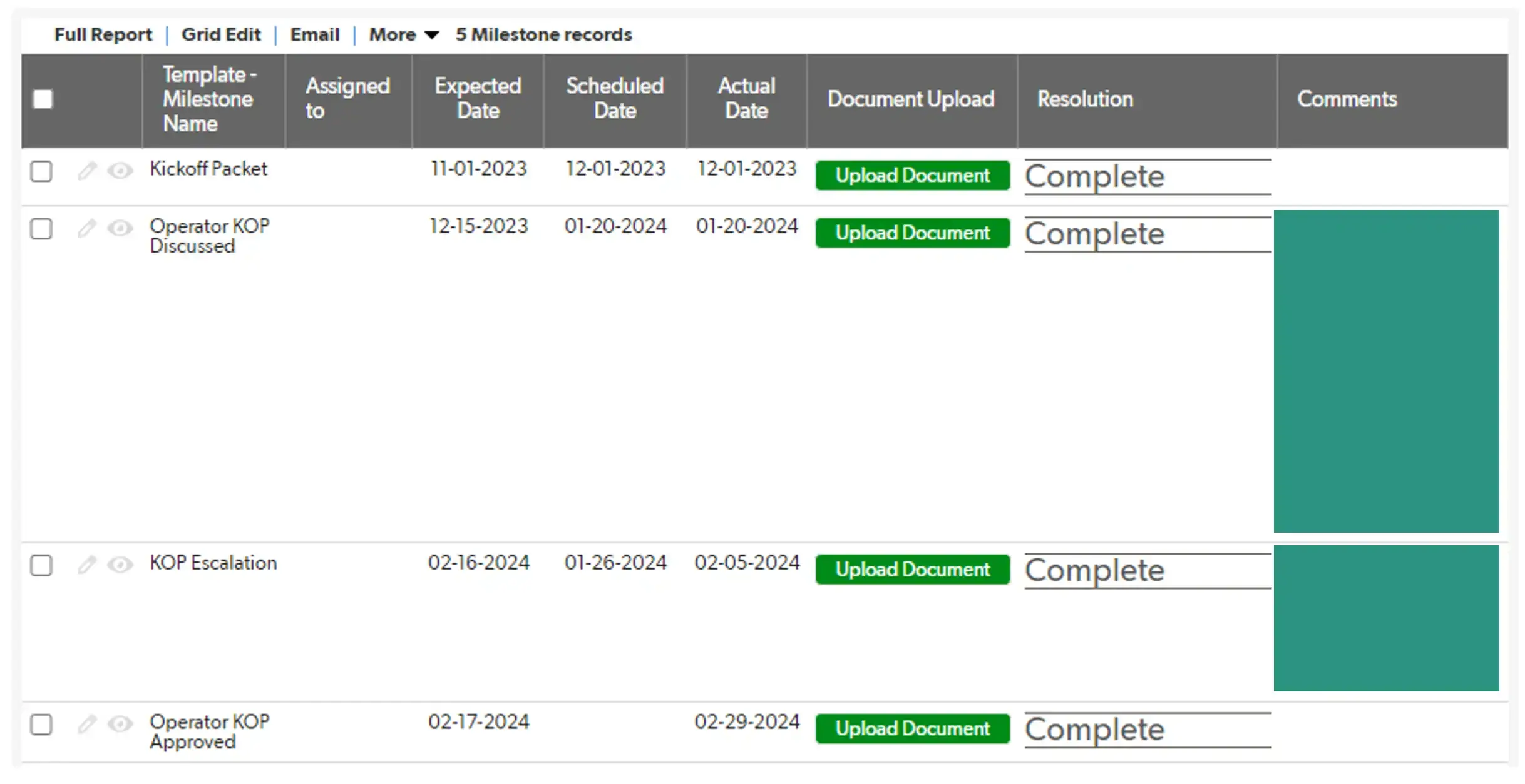 a screenshot of a spreadsheet showing the completed documents