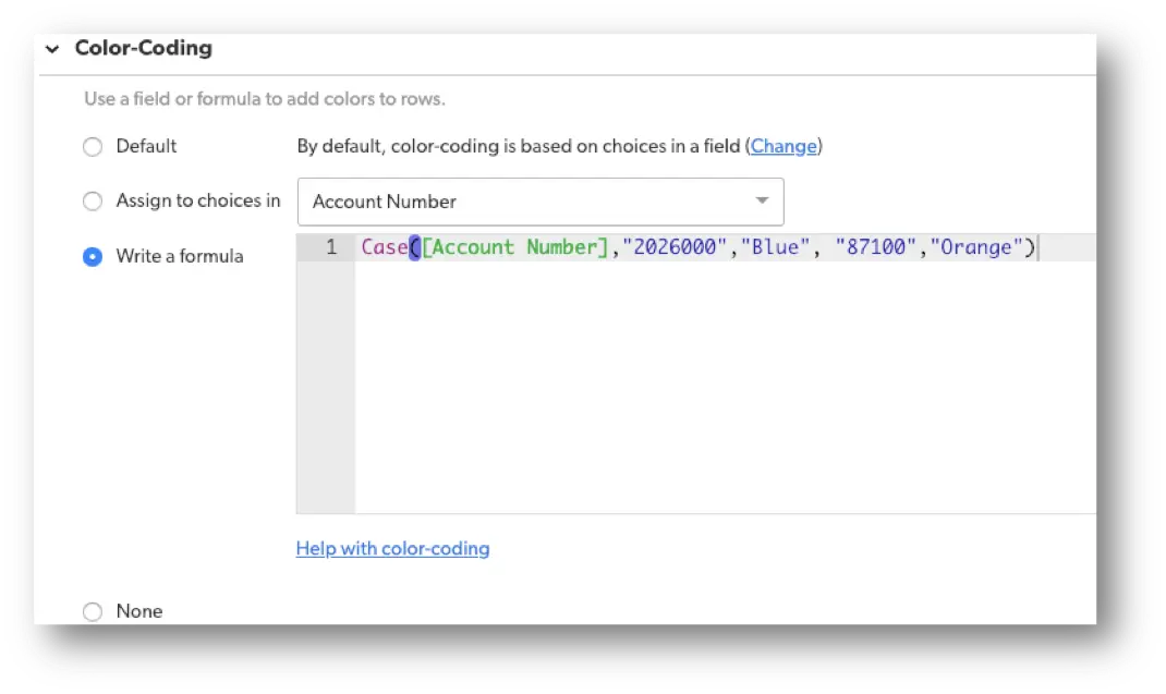 example of a simple colorization formula where any Account Numbers equal to “2026000”