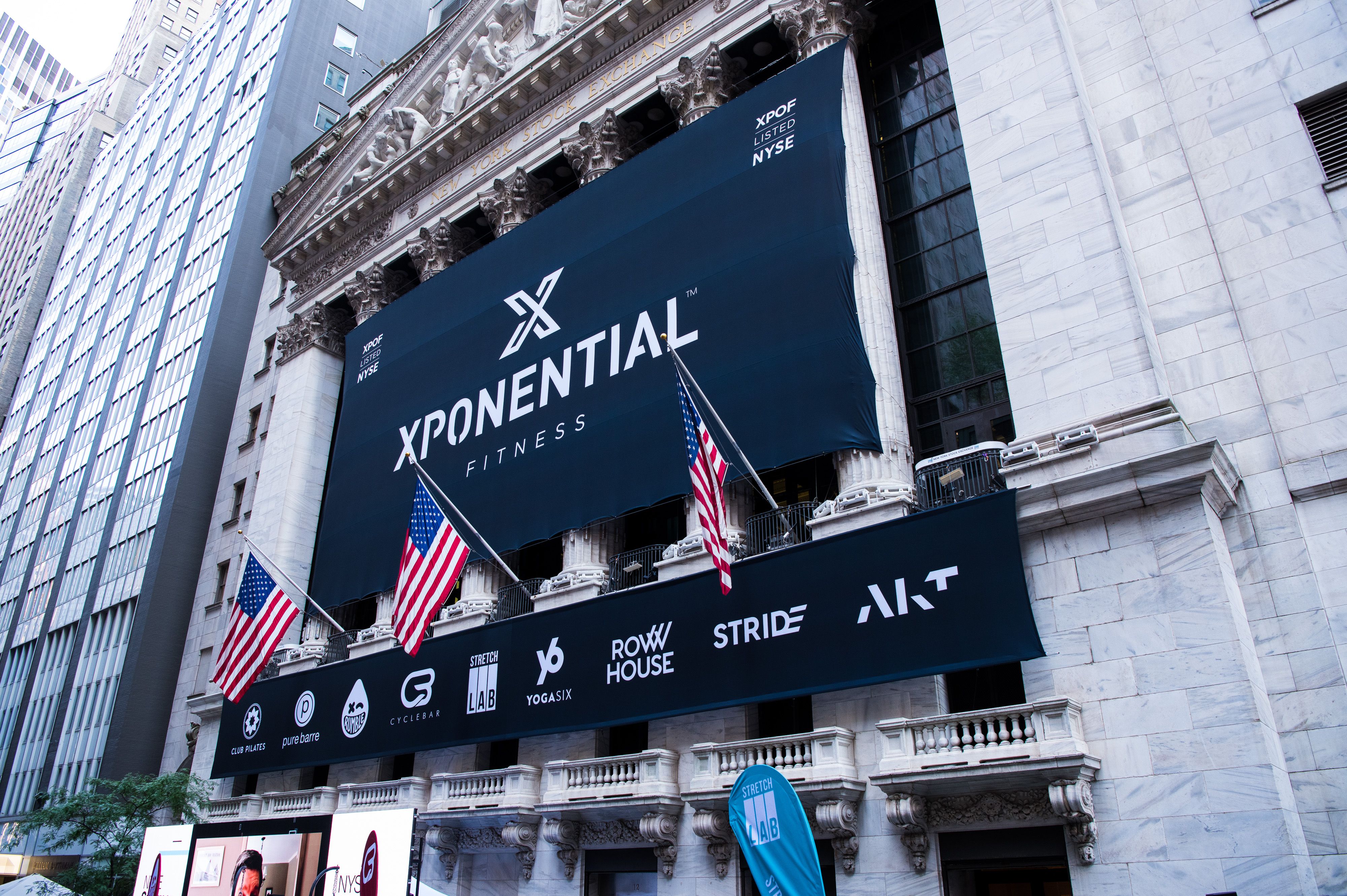 Xponential Fitness IPO Banner at the New York Stock Exchange building in New York City, NY