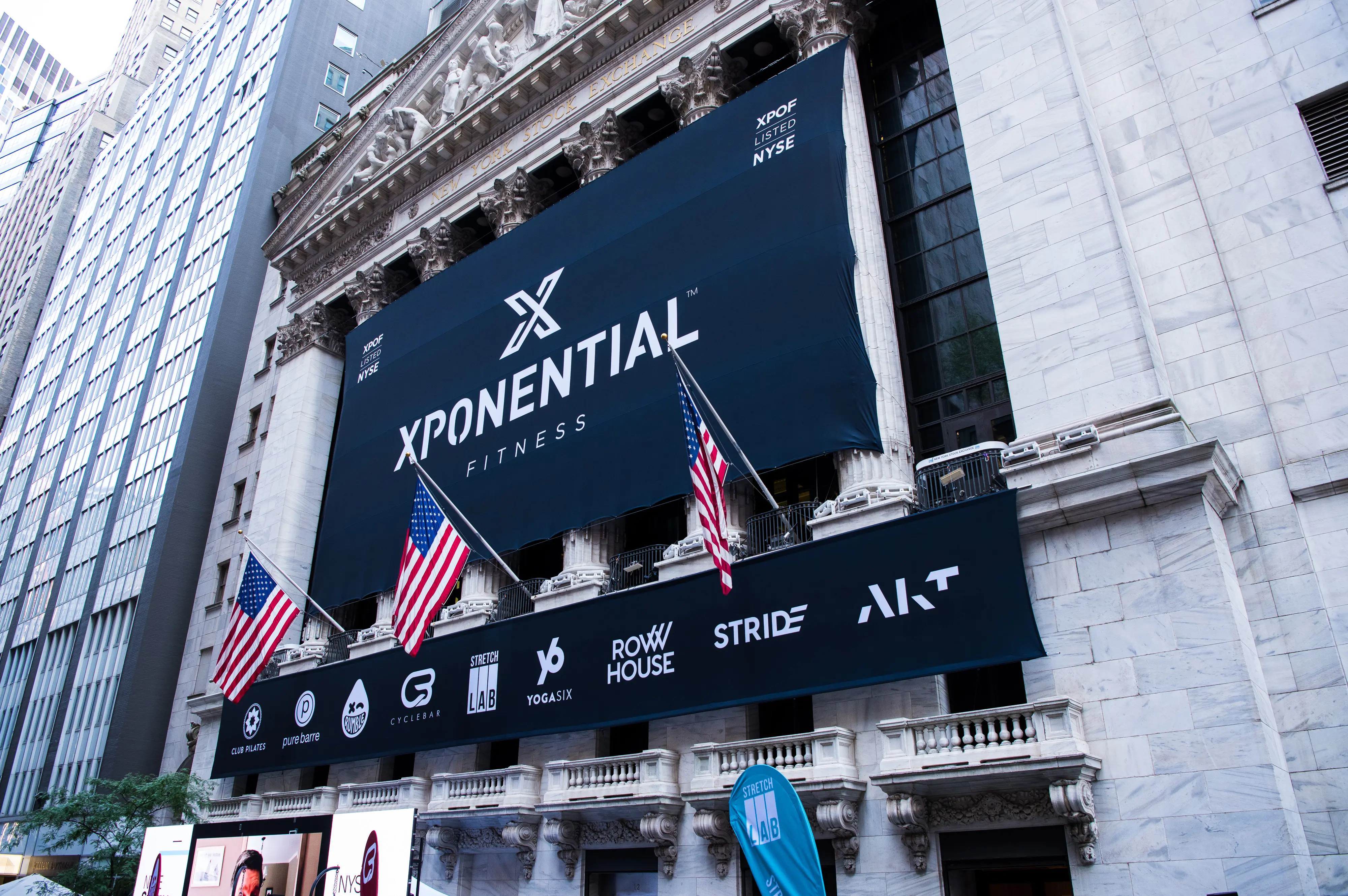 Xponential Fitness IPO Banner at the New York Stock Exchange building in New York City, NY
