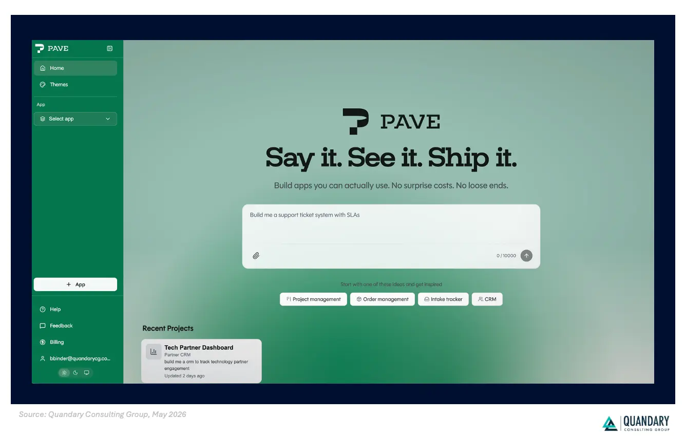 Screenshot of Welcome Screen of Pave by Quickbase | Quandary Consulting Group