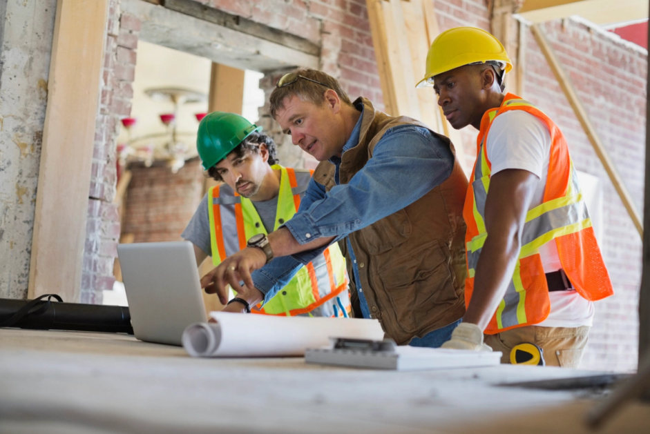 a group of construction workers looking at a laptop at a job site