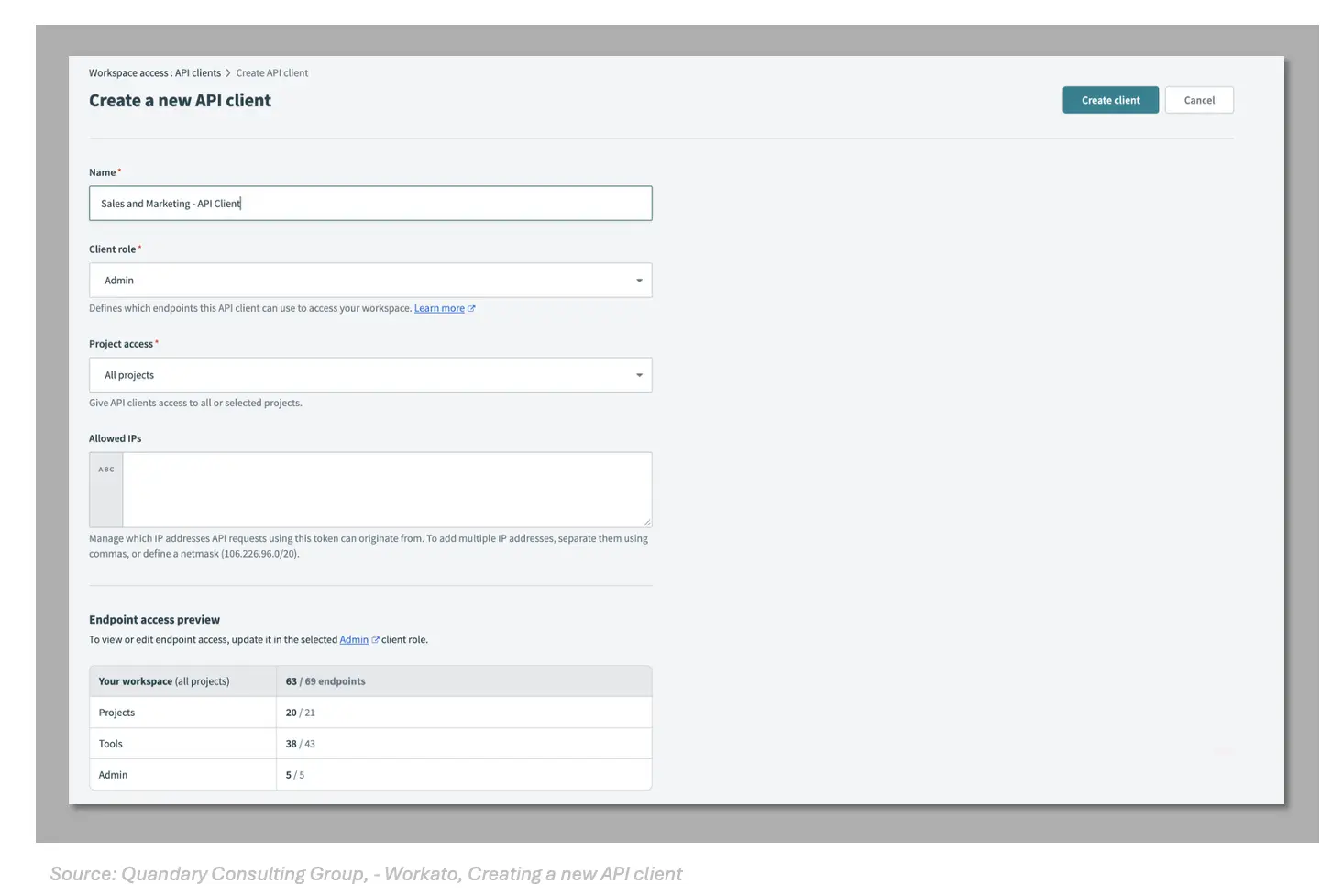 Quandary Consulting Group, Creating a new API client in Workato