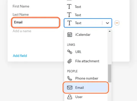 field name and choose a field type