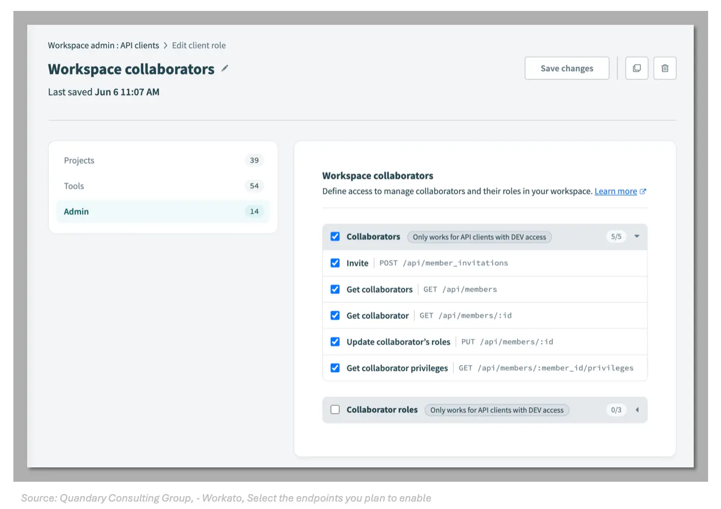 Quandary Consulting Group, How tro Select the endpoints you plan to enable for a new client role in Workato