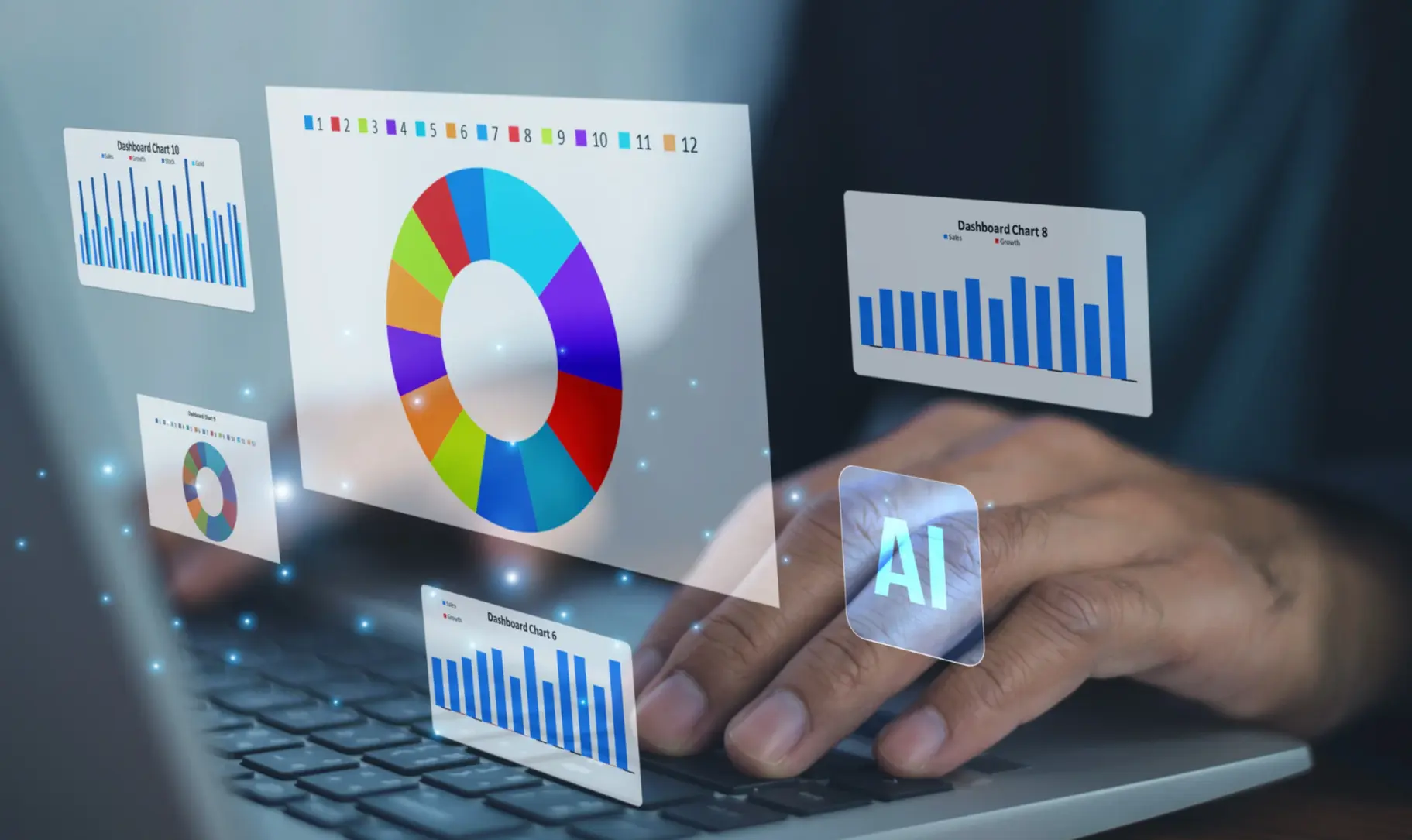 a picture of a man working on a laptop with AI and custom reports