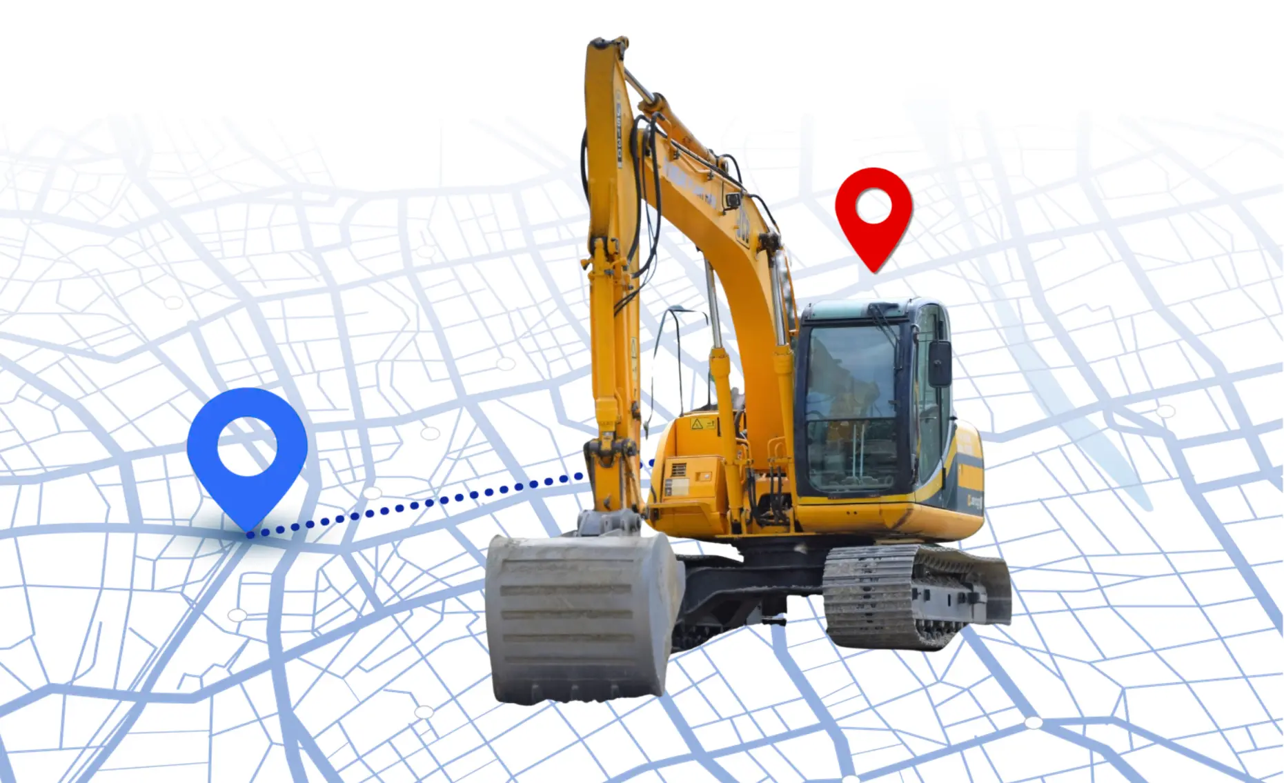 PICTURE OF A CONSTRUCTION CRANE WITH THE LOCATION ICON ON TOP OF A BLUE AND WHITE LINE MAP