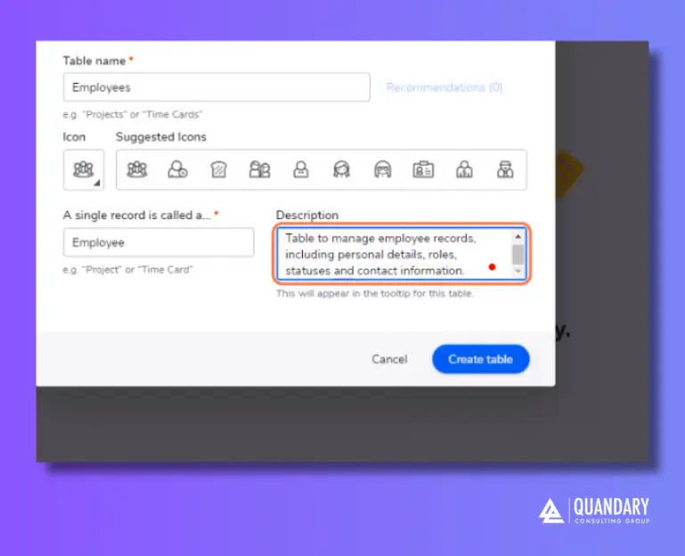 Add a Description of your Table in Quickbase | Quandary Consulting Group