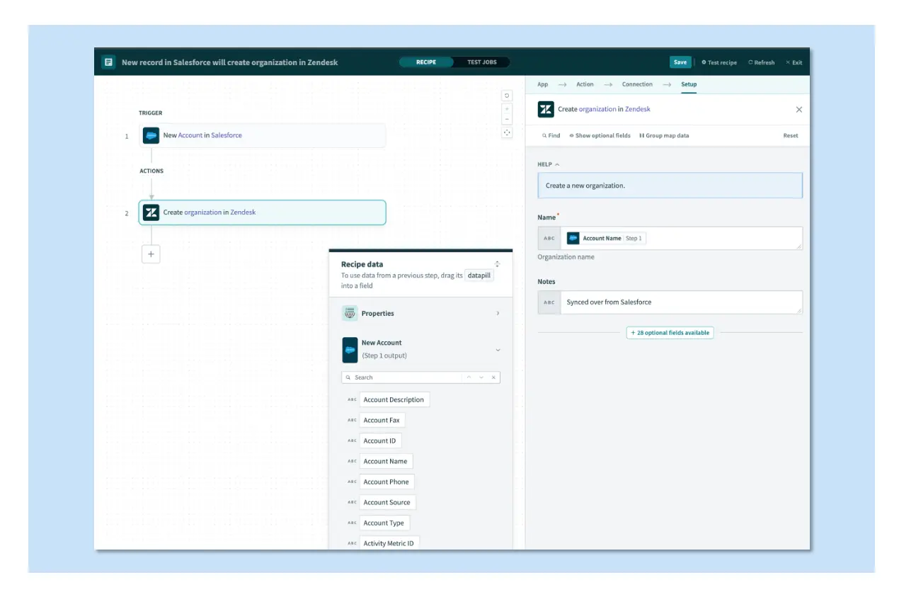 Input fields for the Create organization in Zendesk action  