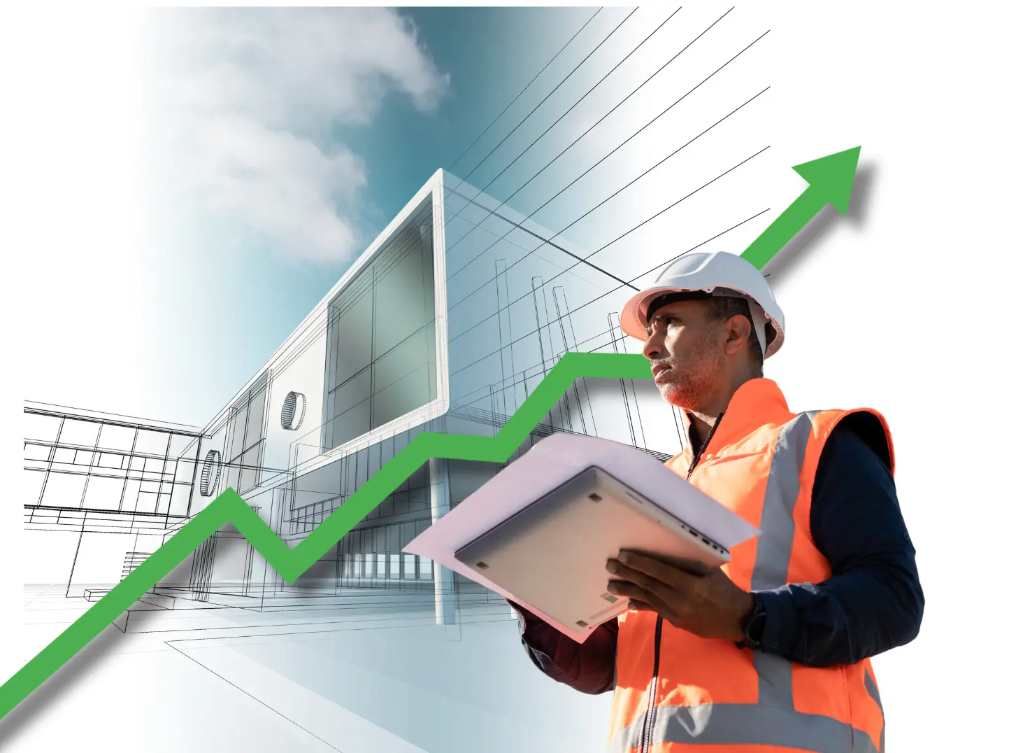 picture of construction worker with ipad, blue print and a green arrow to show success